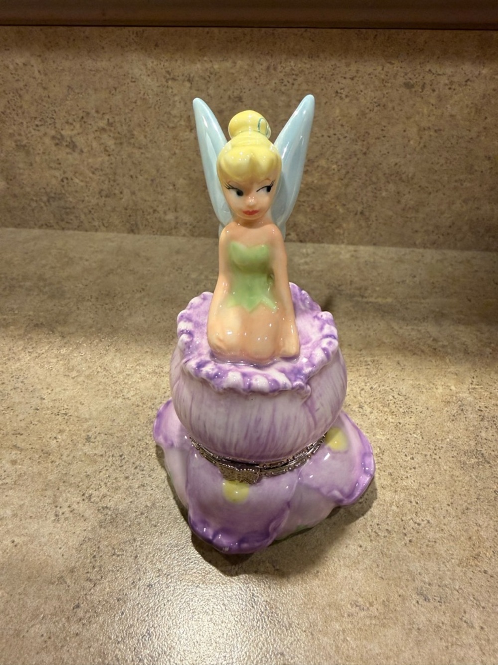 Disney Store 3.75" Tinker Bell on Purple Flower Porcelain Trinket Box Tinkerbell